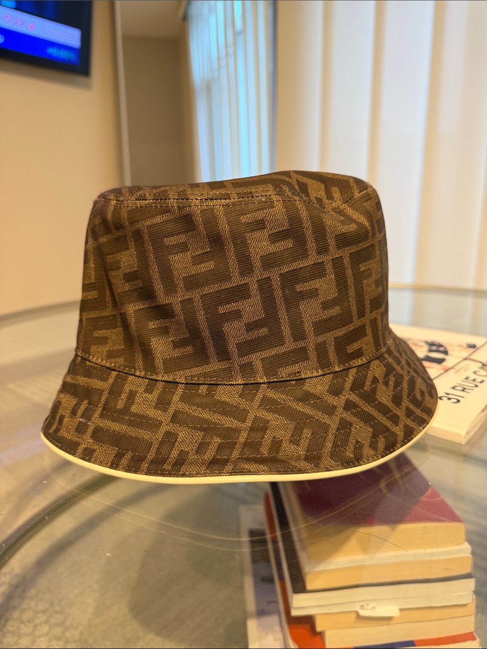 Fendi Brown Monogram Bucket Hat with Cream Trim